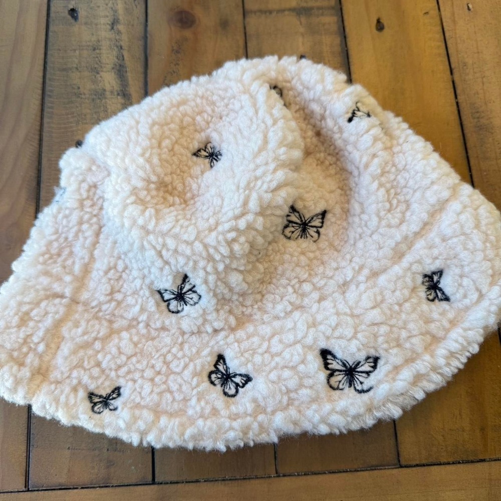 Cream & black butterfly embroidered bucket hat